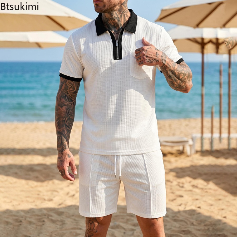Summer Clothing For A Beach - Mens Waffle Collar Polo Short Sleeved
