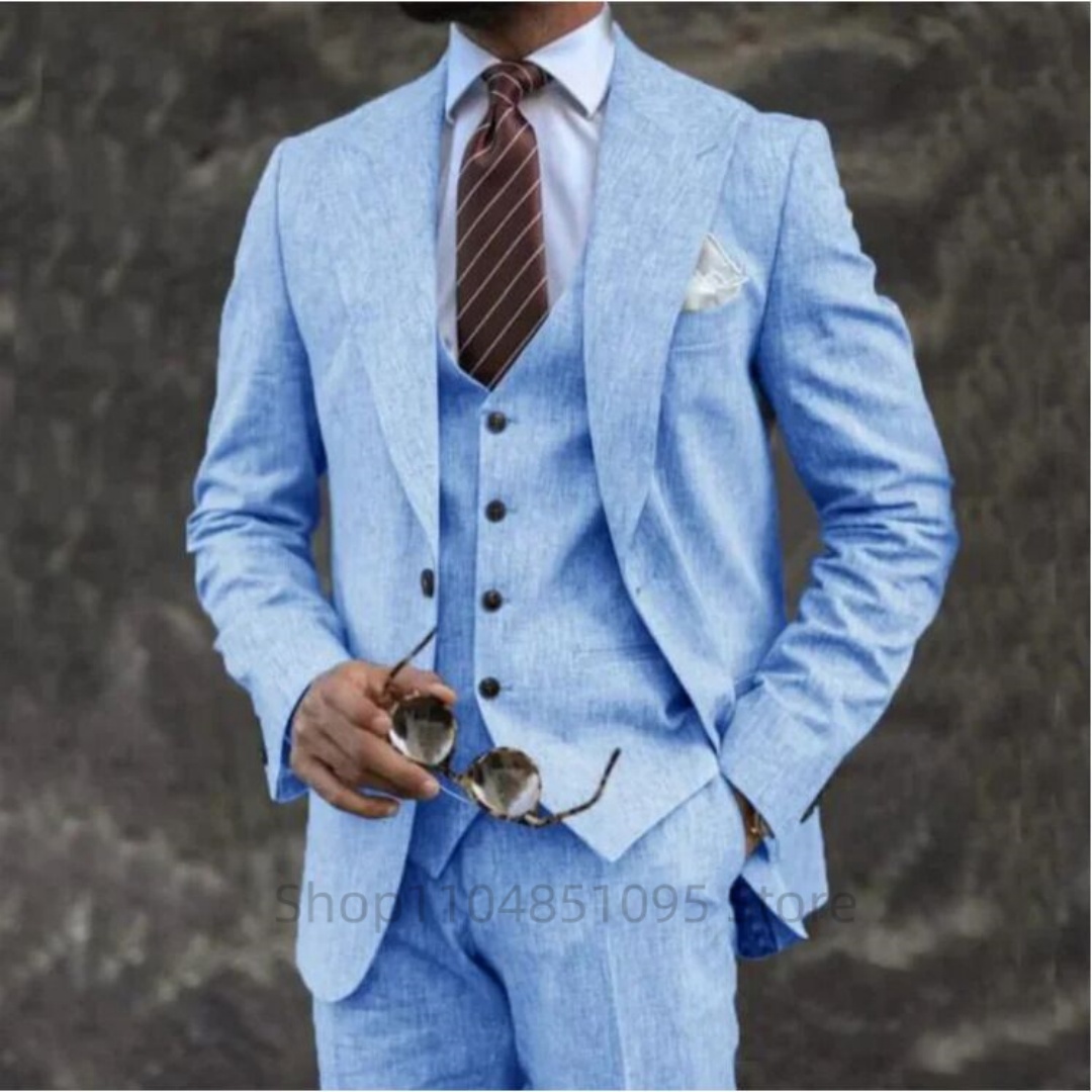 Summer Clothing Men Linen - High Quality 3 Pieces Beige/Blue Linen