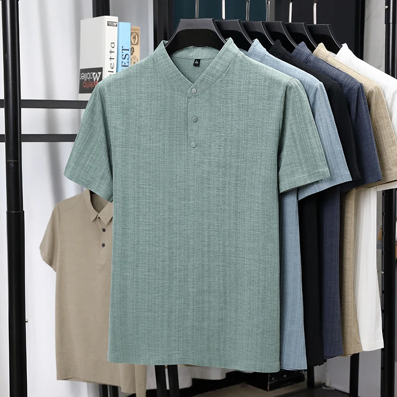 Mens Mandarin Collar Half Plac - Summer Clothing Men Linen review and price