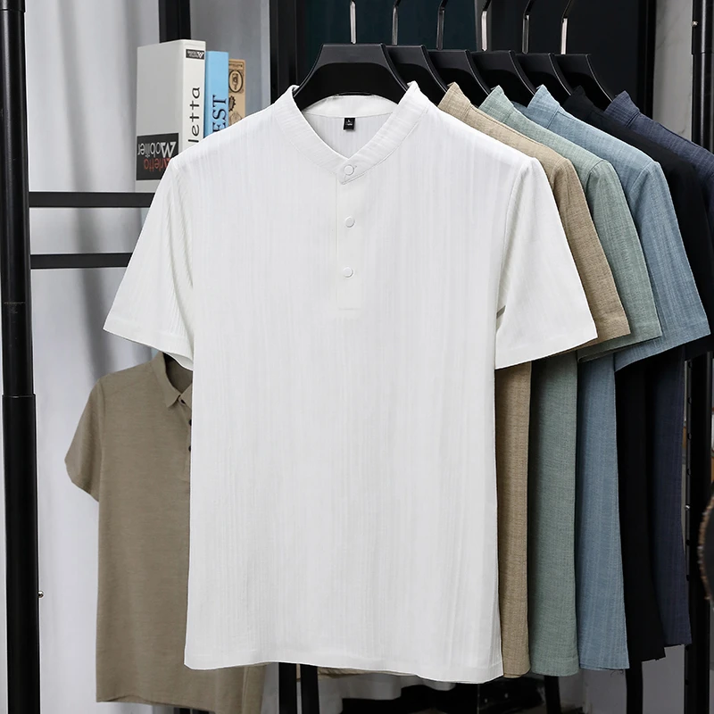 Mens Mandarin Collar Half Plac - Summer Clothing Men Linen review and price
