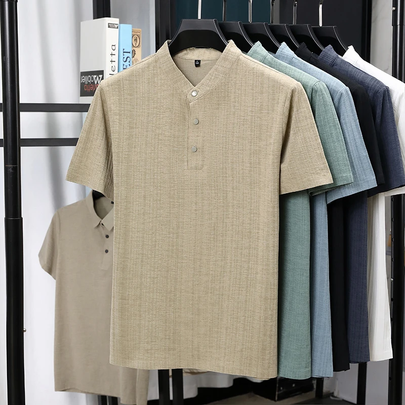 Mens Mandarin Collar Half Plac - Summer Clothing Men Linen review and price