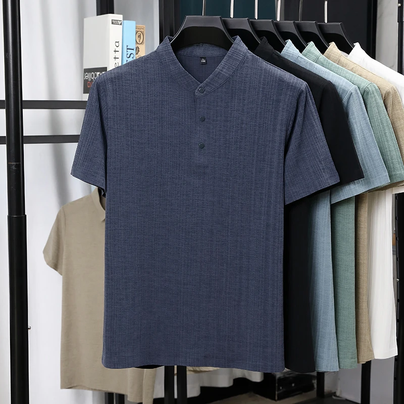 Mens Mandarin Collar Half Plac - Summer Clothing Men Linen review and price