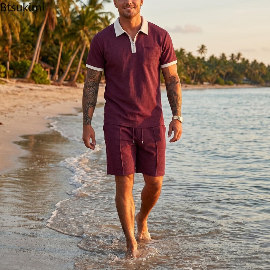 Mens Waffle Collar Polo Short  - Summer Clothing For A Beach review and price