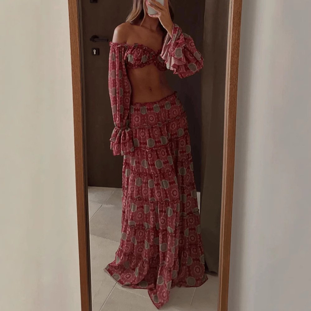 Vintage Print Skirt Two Piece  - Summer Vacation Clothing Women review and price