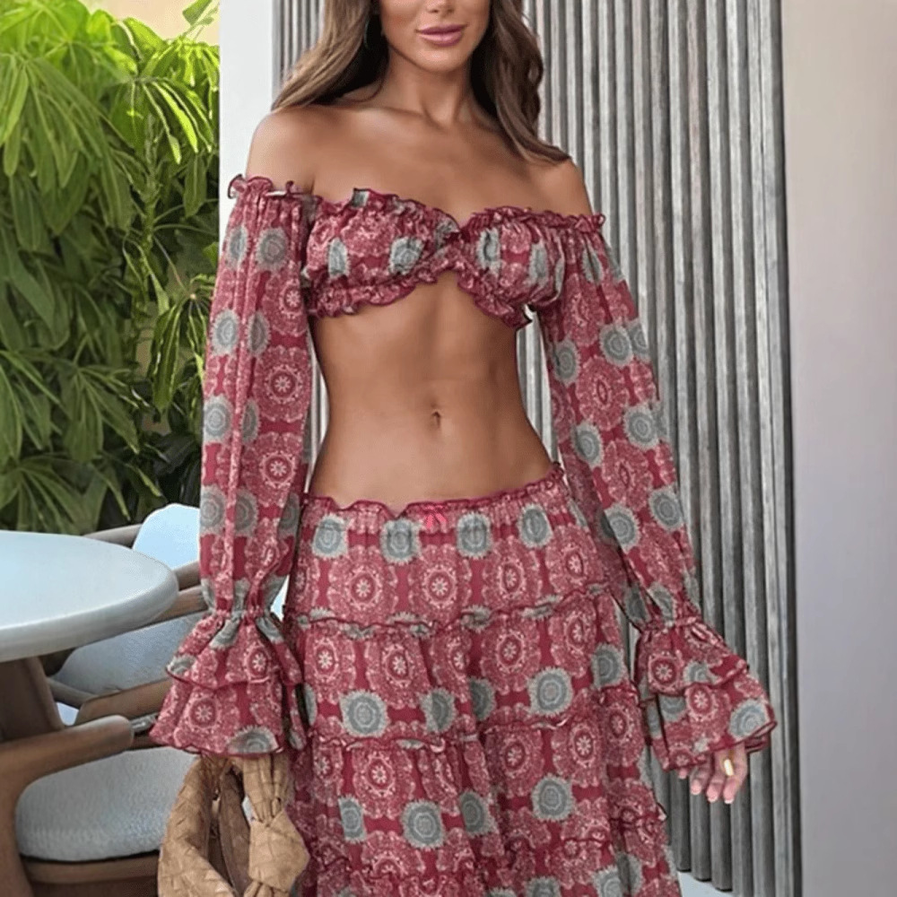 Vintage Print Skirt Two Piece  - Summer Vacation Clothing Women review and price