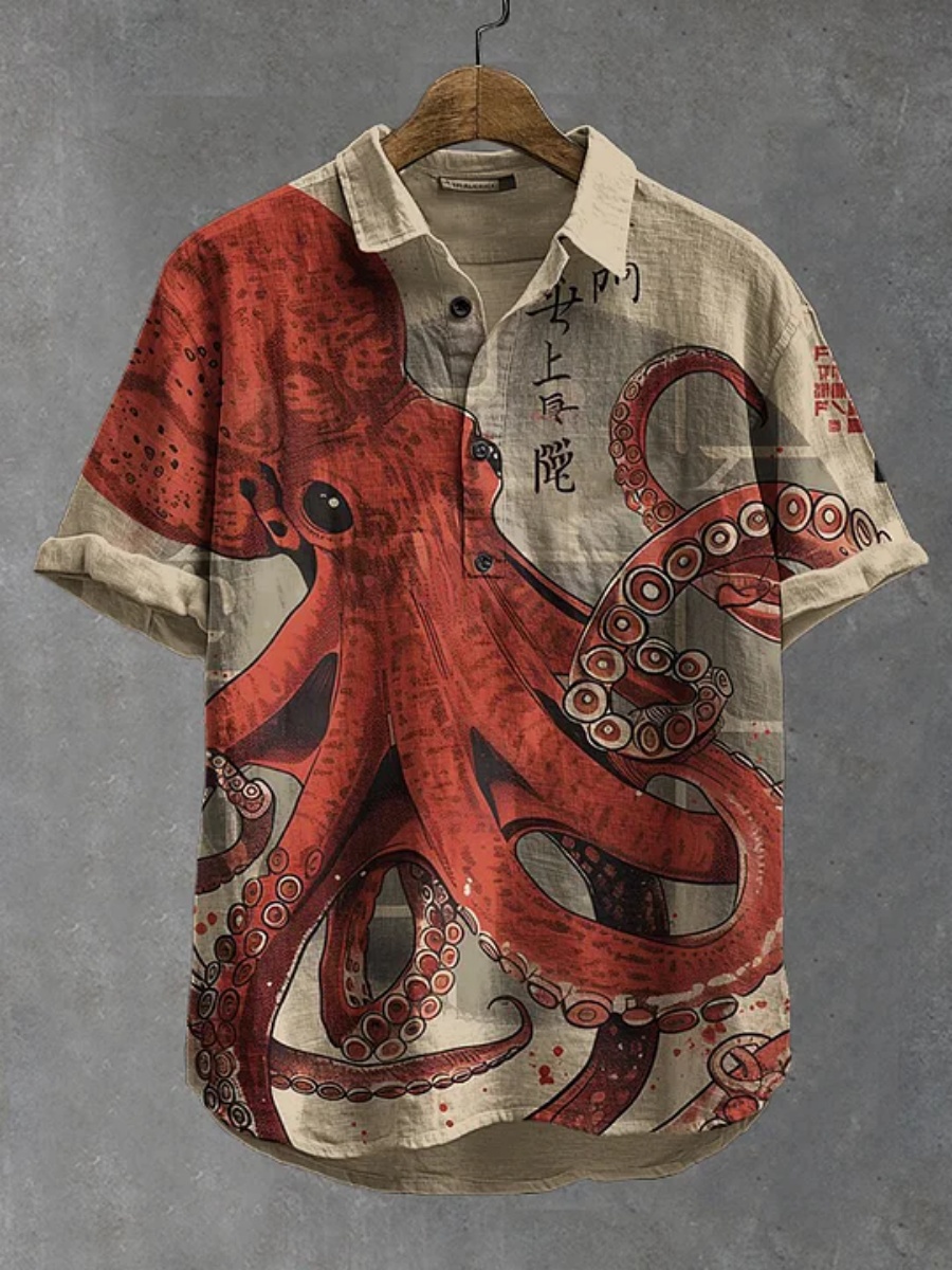 Men's polo shirt octopus print - Summer Clothing Men Linen review and price
